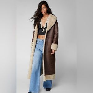 NastyGal Premium bonded faux leather borg maxi aviator jacket. Brand new.